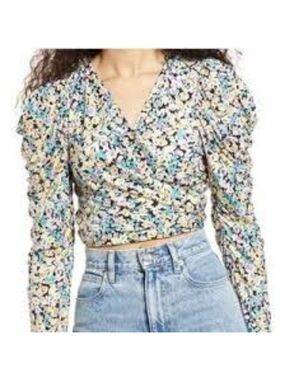 *AFRM Multicolor Floral Puff Sleeve Wrap Blouse Anthropologie Size XL